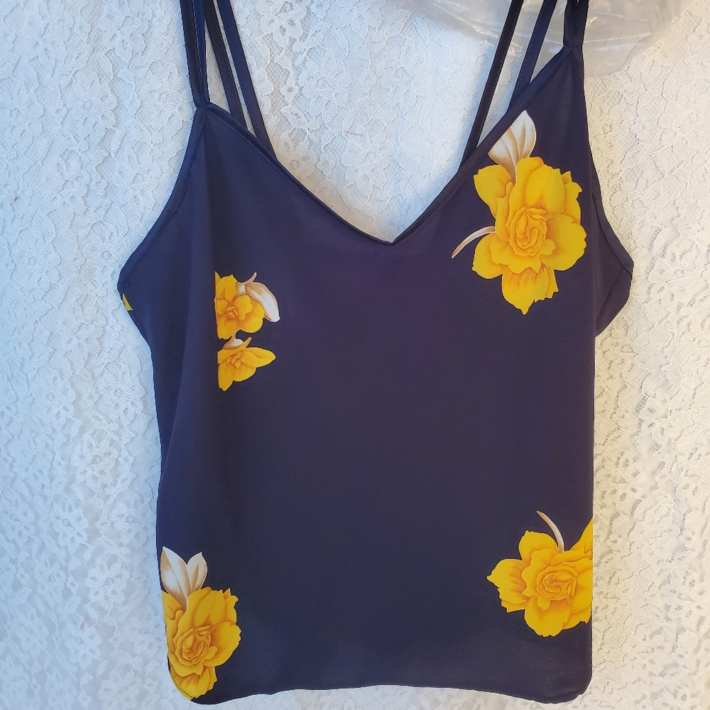 Petra Fashions cami, dark navy with bold yellow flowers spaghetti straps Large